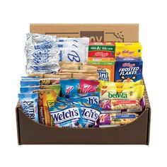 an open box filled with snacks and drinks