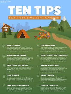 the ten tips for first - time campers info sheet is shown in this image