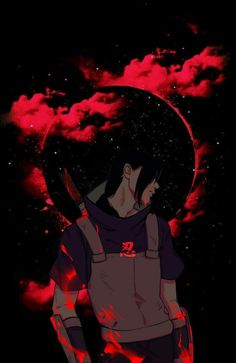 an anime character standing in front of a dark background with red clouds and the moon behind him