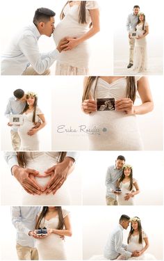 a man and woman holding each other while posing for pictures