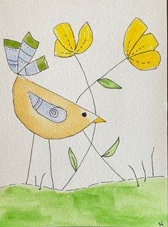 Sketch and watercolor of colorful yellow and blue bird foraging amongst the buttercups Whimsy Art Ideas, Circle Drawings, Beginners Watercolour, Whimsical Bird Art, Doodle Cards, Whimsy Art