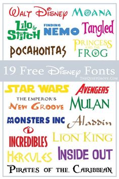 the disney characters are all in different font styles and colors, including names for each character