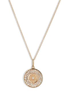 This handmade necklace promises plenty of shine with brilliant diamonds adorning an engraved flower pendant that anchors the polished chain necklace. 17" length Total diamond weight: 0.52ct. Color: G–H Clarity: SI2 14k gold/diamond Made in Canada >Diamond Guide Engraved Flower, Diamond Guide, Medallion Necklace, Brilliant Diamond, Handmade Necklace, G H, Flower Pendant, Anchors, Handmade Necklaces