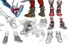 several different types of shoes and footwear are shown in this drawing technique, including one with