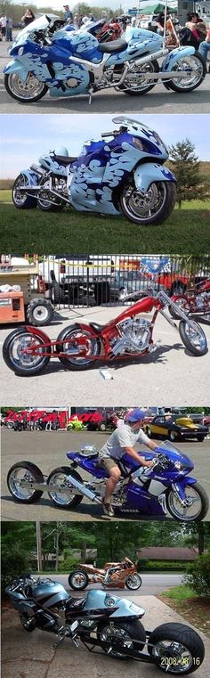 several different pictures of motorcycles parked in front of each other