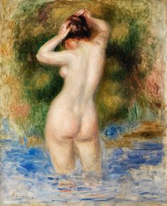 a painting of a naked woman standing in water with her back turned to the camera