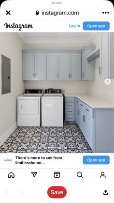 the instagram app is showing an image of a kitchen with white cabinets and appliances