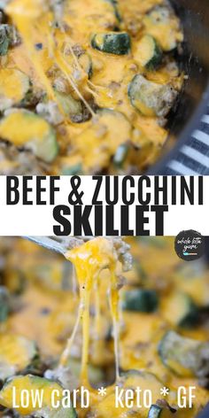 the cover of beef and zucchini skillet is shown in two different images