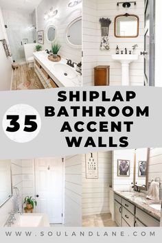 bathroom with white walls and wood flooring in the background is an advertisement for shiplap bathroom accent walls