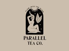 the logo for parallel tea co, with a woman sitting on her knees and arms up