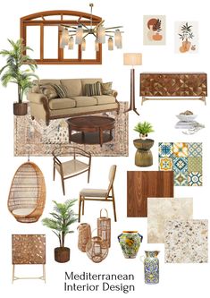 a collage of furniture and decor items with the words mediterranean interior design written below