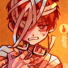 an anime character with red hair and glasses holding a knife in his right hand while looking at the camera