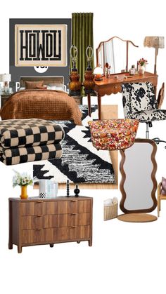 a collage of furniture and decor items including a bed, dresser, mirror, chair, table