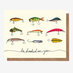 a card with different types of fishing lures and words that say i'm handsome on you