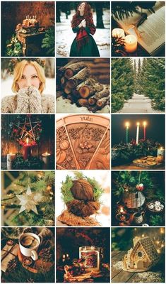 a collage of photos with candles and christmas decorations on them, including an open book