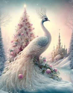 a painting of a peacock standing in front of a christmas tree