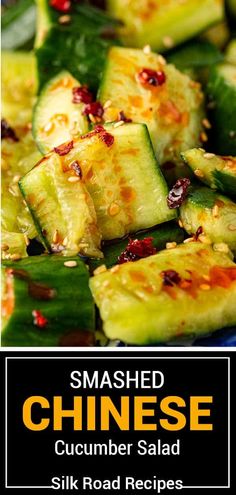 sliced cucumber salad in a blue bowl with text overlay reading smashed chinese cucumber salad silk road recipes