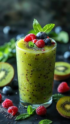 a green smoothie with raspberries, kiwi and mint