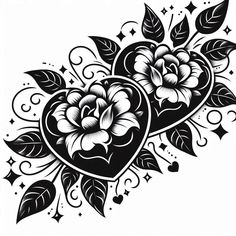 a black and white tattoo design with flowers on the back of an openwork heart