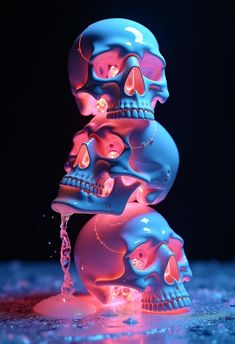 three colorful skulls sitting next to each other on top of a blue surface with red and pink lights