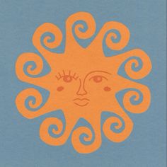 an orange and blue drawing of a sun with swirls on it's face