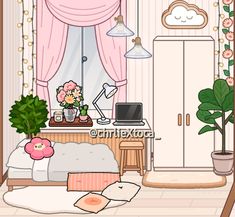 a bedroom with pink curtains and flowers on the window sill