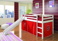 Thomas Kids Bed with Slide and Red Tent Custom Kids Furniture Kids Bed With Slide, Loft Bunk, Playhouse Bed, Stair Plan, Bed Kids, Bunk Bed With Slide, Kura Bed, Kids Loft, Loft Bunk Beds