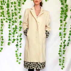 Iconic Vintage 80s Wool Coat With Leopard Print Trim From Pavilion Petite. No Marked Size, Please Refer To Measurements. Model Is 5’7”, Xs-S. Super Luxurious Full Length Wool Coat; Super Heavy And Warm! Very High Quality And Looks Unworn. Measurements Shoulder: 18” Ptp: 24” Sleeve: 23.5” Length: 45” #Glam #Leopard #Wool #Vintage80s #Streetwear Cream Retro Fitted Outerwear, Retro Cream Outerwear For Fall, Wool Coat, Leopard Print, Full Length, Trim, Wool