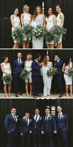 the bride and grooms are posing for pictures together