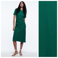 Nwt. Zara Green Gather Detail Midi Dress With Round Neckline, Short Sleeves, Side Gather Detail. Size L. Ref. 4424/005. Pit To Pit 16,5" Flat, Shoulders 15", Sleeves 8", Waist 13", Length 48". E Green Stretch Midi Dress, Green Stretch Midi-length Dress, Green Stretch Midi Dress For Work, Green Ruched Short Sleeve Dress, Green Stretch Sheath Midi Dress, Green Sheath Midi Dress With Stretch, Green Ruched Midi Dress For Work, Zara Short-sleeved Stretch Midi Dress, Zara Stretch Sheath Midi Dress