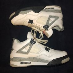 Excellent Condition Worn 3 Times. Jordan Shoes Men, 4s Jordans, Cement 4s, Cement Color, Jordan Retro 4, Jordan White, Navy Sneakers, Jordan 4s, White Cement