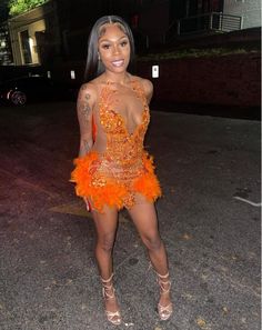 Orange Sparkly Short Prom Homecoming Dresses for Black Girl 2024 Sheer Mesh Luxury Diamond Feather Birthday Gala, Sparkly Shorts, Gala Gown, Flora Dress, Modest Prom, Plus Size Prom, Wedding Dresses With Flowers, Wedding Flower Girl Dresses, Prom Dresses Modest