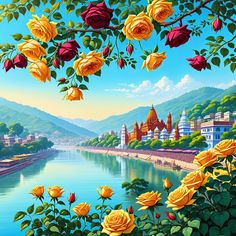 a painting of yellow roses on a tree next to the water and buildings in the background