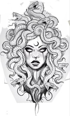 a drawing of a woman with snakes on her head