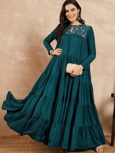 Teal-blue Keyhole Neck Long Sleeves Embroidered Tiered A-Line Ethnic D – Inddus.com Western Kurtis, Floral Anarkali, Anarkali Kurta, Delicate Embroidery, Keyhole Neck, Ethnic Dress, Kurta Designs, Thread Work, Blouse Piece