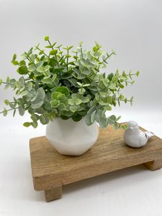 a white vase filled with green plants sitting on top of a wooden stand next to a small bird