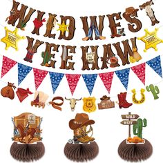 this is a western themed banner with cowboy decorations on it and the words wild west yee haw