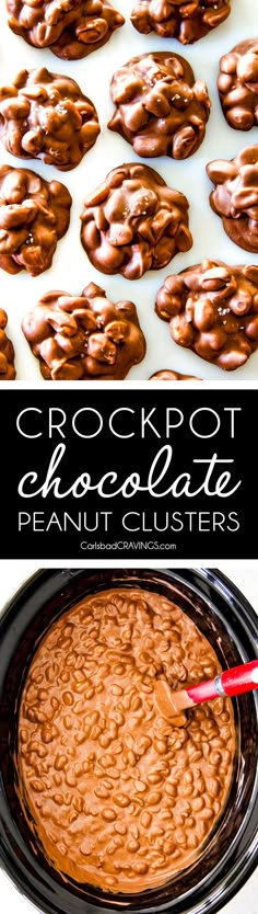 crockpot chocolate peanut clusters are in the pan and ready to be eaten