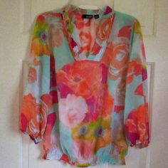 Nwt Excellent Condition Sleeve: 3/4 Sheer Blouse Floral Design Colors: Orange Pinkgreen Yellowaqua Blue Offers Welcomed Feminine Floral Print Tops With 3/4 Sleeve, Feminine 3/4 Sleeve Blouse With Floral Print, Feminine Blouse With 3/4 Sleeve Floral Print, Chic Blouse With Floral Print And 3/4 Sleeves, Floral Print 3/4 Sleeve Blouse For Brunch, Floral Print Blouse With 3/4 Sleeve For Brunch, Elegant Pink Blouse With 3/4 Sleeves, Summer Floral Print Tops With 3/4 Sleeves, Floral Print Beach Blouse With 3/4 Sleeves