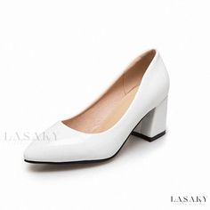 Lasaky - Stiletto Heeled Pointed Toe Patent Leather High Heels Pumps White Block Heels For Office, White Block Heel Court Shoes For Office, White Low Heel Synthetic Court Shoes, White Closed Toe Court Shoes For Office, Elegant White Block Heels For Work, White Pointed Toe Block Heels For Office, Summer Court Shoes With Stacked Heel For Office, White Ankle Strap Heels For Work, White Closed Toe Heels For Office