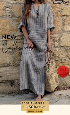 Cotton and Linen Yarn-dyed Striped Loose Long Dress Casual Gray Maxi Dress For The Beach, Casual Gray Maxi Dress For Beach, Gray Cotton Casual Maxi Dress, Casual Gray Maxi Dress For Fall, Casual Gray Beach Dresses, Loose Long Dress, Linen Yarn, Dresses By Length, Types Of Skirts