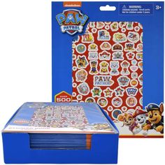 the paw patrol stickers are on display in front of a blue box with an orange and