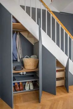 an open closet under the stairs in a house