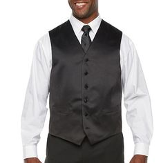 Elevate your formalwear with this Stafford Coolmax men's big and tall suit vest in classic black. Crafted from a satin-like fabric for a classic-fit, it features a v-neckline, a smooth lining, a button front, two front slip pockets, and an adjustable back strap.Features: Stretch Fabric, LinedClosure Type: ButtonFit: Classic FitPockets: 2 Front Slip PocketsSleeve Length: SleevelessFiber Content: 100% PolyesterFabric Description: WovenLining: LinedLining Material: PolyesterCare: Dry Clean OnlyMate Formal Black Vest With Button Closure, Black Formal Vest With Button Closure, Black Vest With Button Closure For Formal Occasions, Black Vest With Button Closure For Business Casual, Black Button Closure Vest For Business Casual, Tuxedo Vest, Big And Tall Suits, Tuxedo For Men, Suit Vest