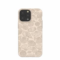 an iphone case with shells printed on the front and back, both in beige color