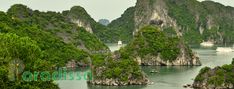 several small islands in the water surrounded by trees and rocks, with boats on them