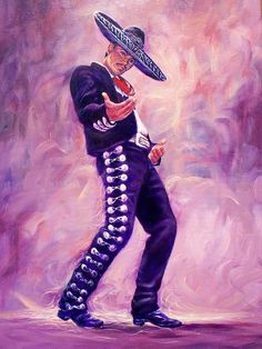 a painting of a man with a sombrero on his head and purple pants