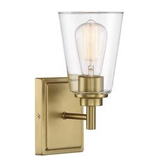 an image of a wall light with a glass shade on the side and gold finish