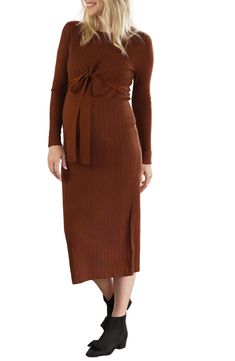 A textured knit skims your bump in an ultracomfy midi dress with ties at the waist that secure a panel designed for nursing when baby arrives. Jewel neck Long sleeves 54% polyester, 20% acrylic, 20% nylon, 6% wool Hand wash, dry flat Imported Maternity Midi Dress Winter, Knit Dress Maternity, Maternity Sweater Dress Nordstrom, Brown Maternity Sweater Dress, Fitted Ribbed Maternity Dress, Maternity Capsule Wardrobe, Clothing Swap, Jumpsuit Fall, Maternity Midi Dress