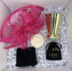 KENTUCKY DERBY GIFT BOX – The Hat Hive Novelty Pink Party Supplies For Gifts, Pink Novelty Party Supplies For Gifts, Kentucky Derby Theme, Can't Be Together, Kentucky Derby Fashion, Mint Julep Cups, Kentucky Derby Fascinator, Womens Tea, Pink Fascinator